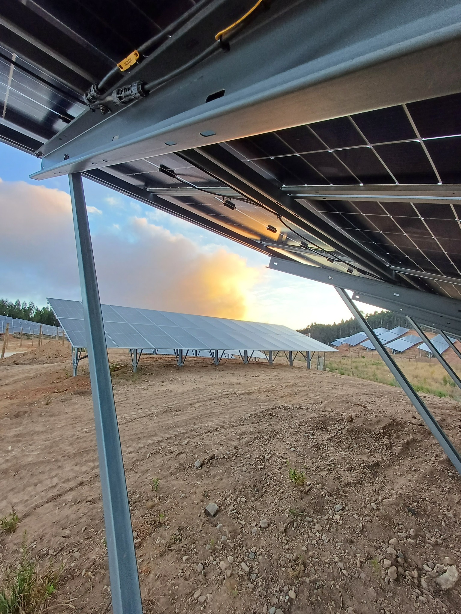 Widok z dołu na konstrukcję wsporczą paneli słonecznych w Rumi, z widocznymi elementami montażowymi i okablowaniem, na tle zachodzącego słońca i rozległego pola.