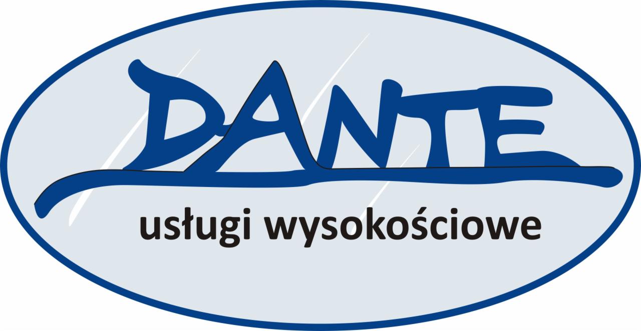 Logo firmy 'DANTE' oferującej usługi wysokościowe, umieszczone w niebieskiej elipsie na białym tle.