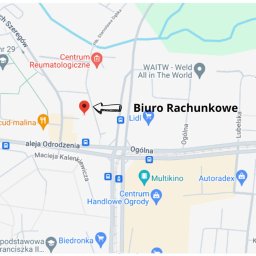 PRO Certyfikowane Biuro Rachunkowe Małgorzata Kugler - Mapa z pinezką wskazującą lokalizację Biura Rachunkowego w Elblągu, z zaznaczonymi pobliskimi ulicami i punktami orientacyjnymi.