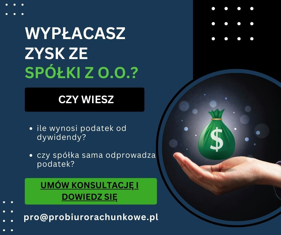 Grafika informacyjna: wypłacasz zysk ze spółki z o.o.? Umów konsultację! Dłoń podtrzymuje worek z symbolem dolara. Adres e-mail w dolnej części.