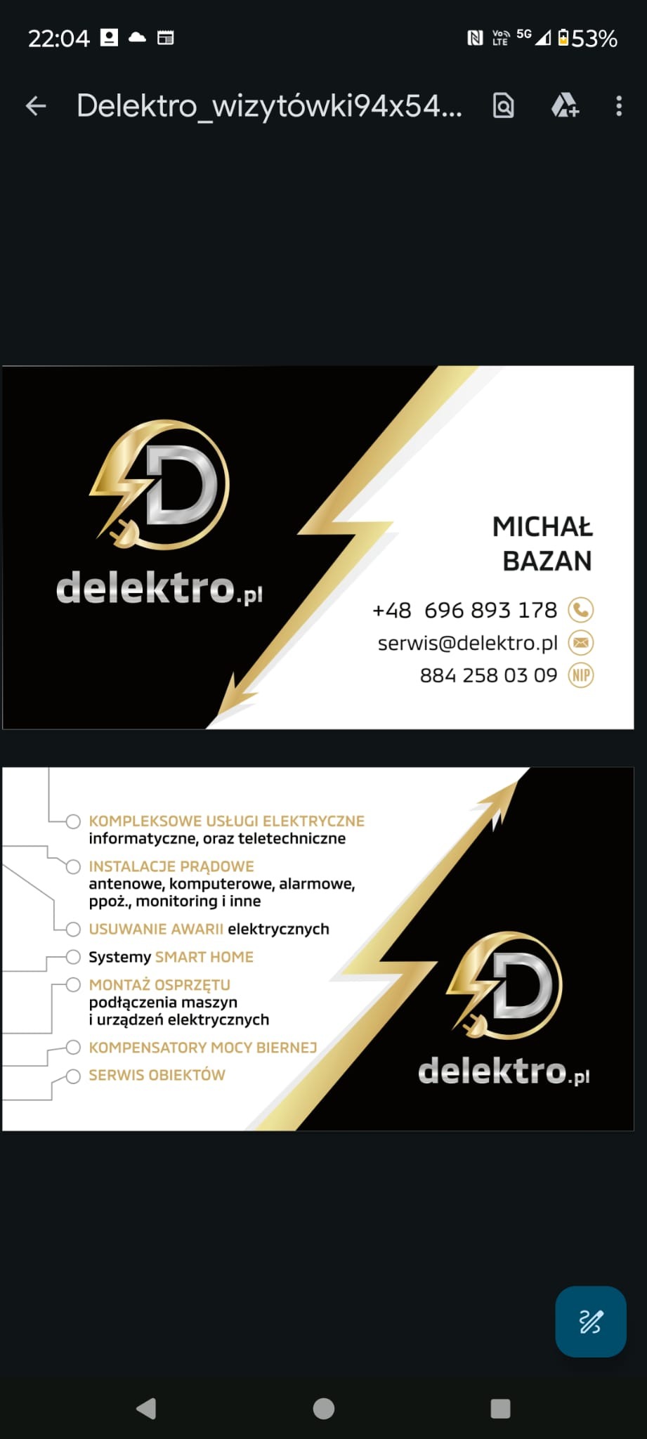 Czarno-biała wizytówka firmy elektrycznej z złotymi akcentami, prezentująca logo z błyskawicą, dane kontaktowe oraz listę oferowanych usług, w tym instalacje prądowe, usuwanie awarii i systemy...