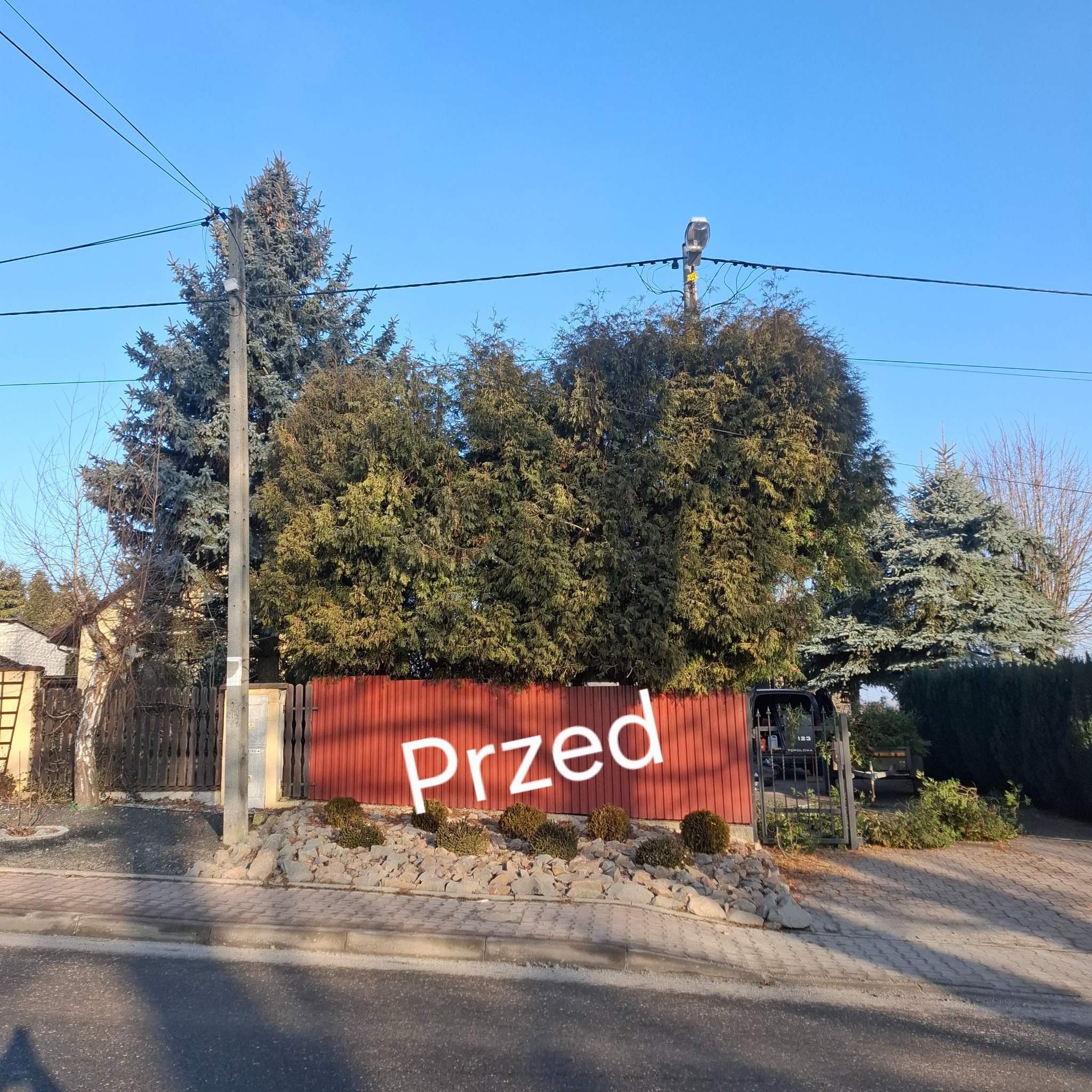 Widok na posesję z ulicy, zasłoniętą żywopłotem i drzewami iglastymi, z widocznym fragmentem samochodu dostawczego z przyczepką, sugerujący prace ogrodnicze.