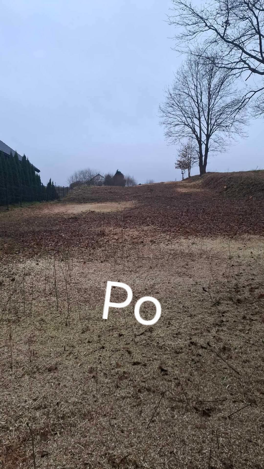 Zdjęcie terenu po wykonanych pracach ziemnych, widoczne przygotowane podłoże, w tle drzewa bez liści i zabudowania.