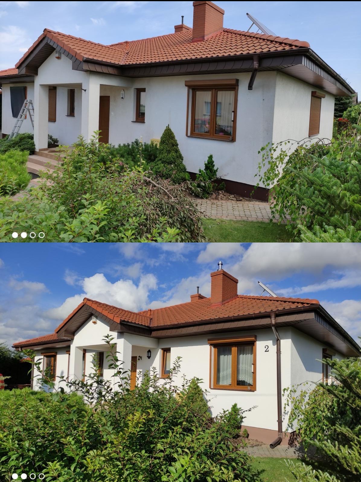 Dom jednorodzinny po malowaniu elewacji w Mogilnie, widoczny z poziomu ogrodu, z brązową stolarką okienną i czerwoną dachówką, z częściowo zasłoniętą elewacją przez krzewy.