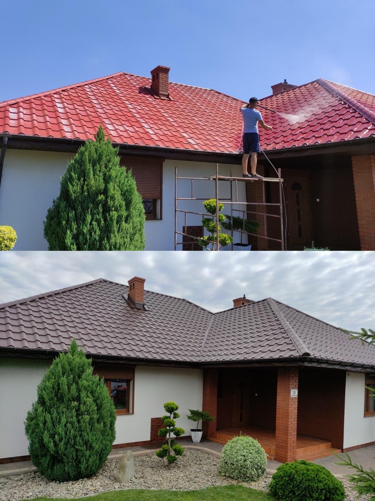 Dwa ujęcia tego samego domu: górne przedstawia pracownika na rusztowaniu czyszczącego czerwoną dachówkę myjką ciśnieniową, dolne ukazuje dach po czyszczeniu z brązową dachówką.