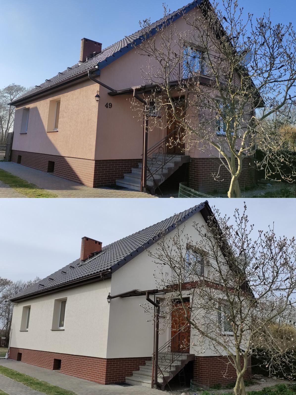 Porównanie elewacji domu przed i po renowacji: odcień beżowy zmieniony na jasny kremowy, z zachowaniem ceglanej podmurówki i ciemnej dachówki.