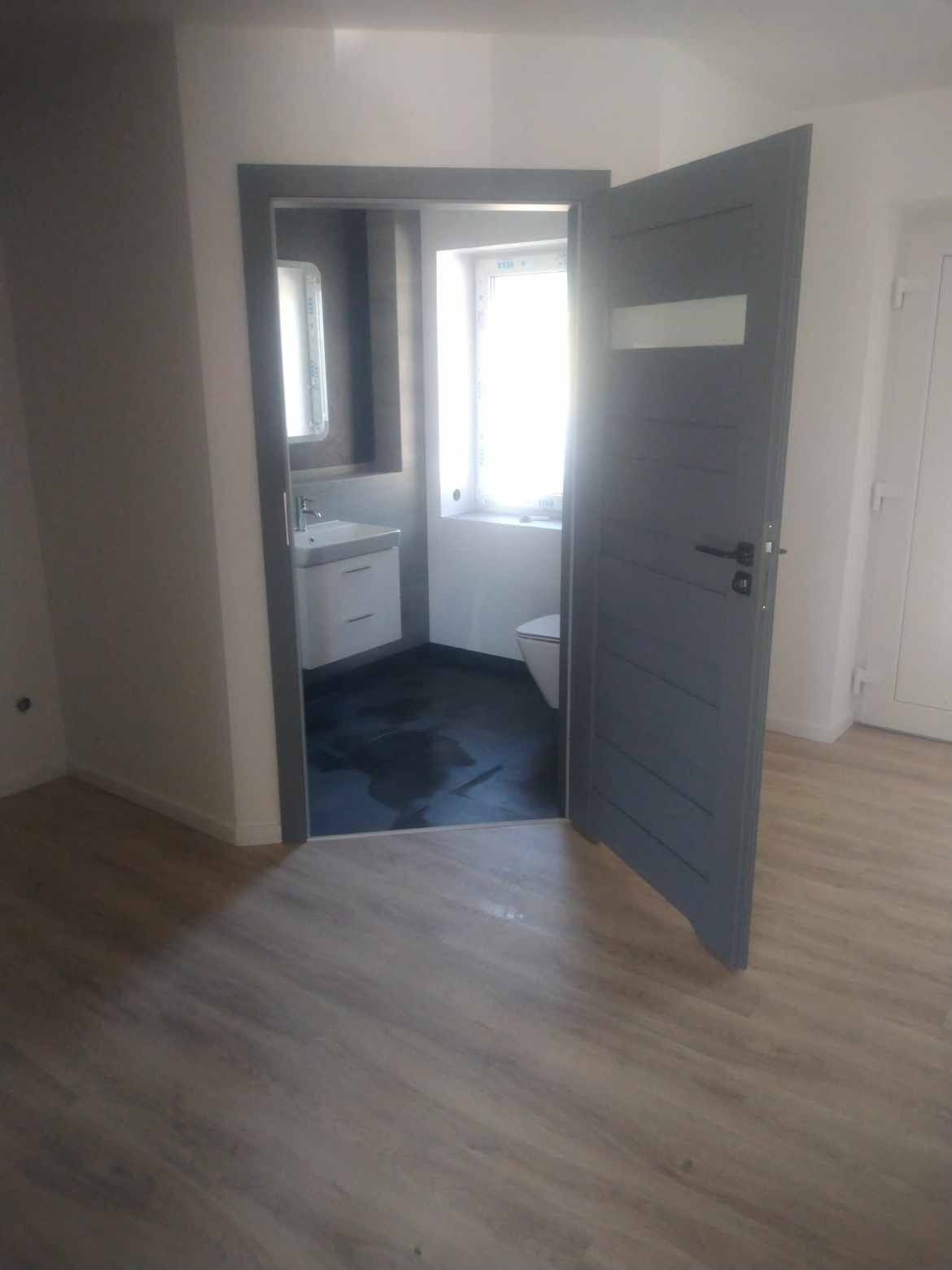 Widok na wykończoną łazienkę z ciemną podłogą i białymi elementami, przez otwarte szare drzwi z poziomymi panelami i przeszkleniem, z perspektywy pokoju z panelami podłogowymi.