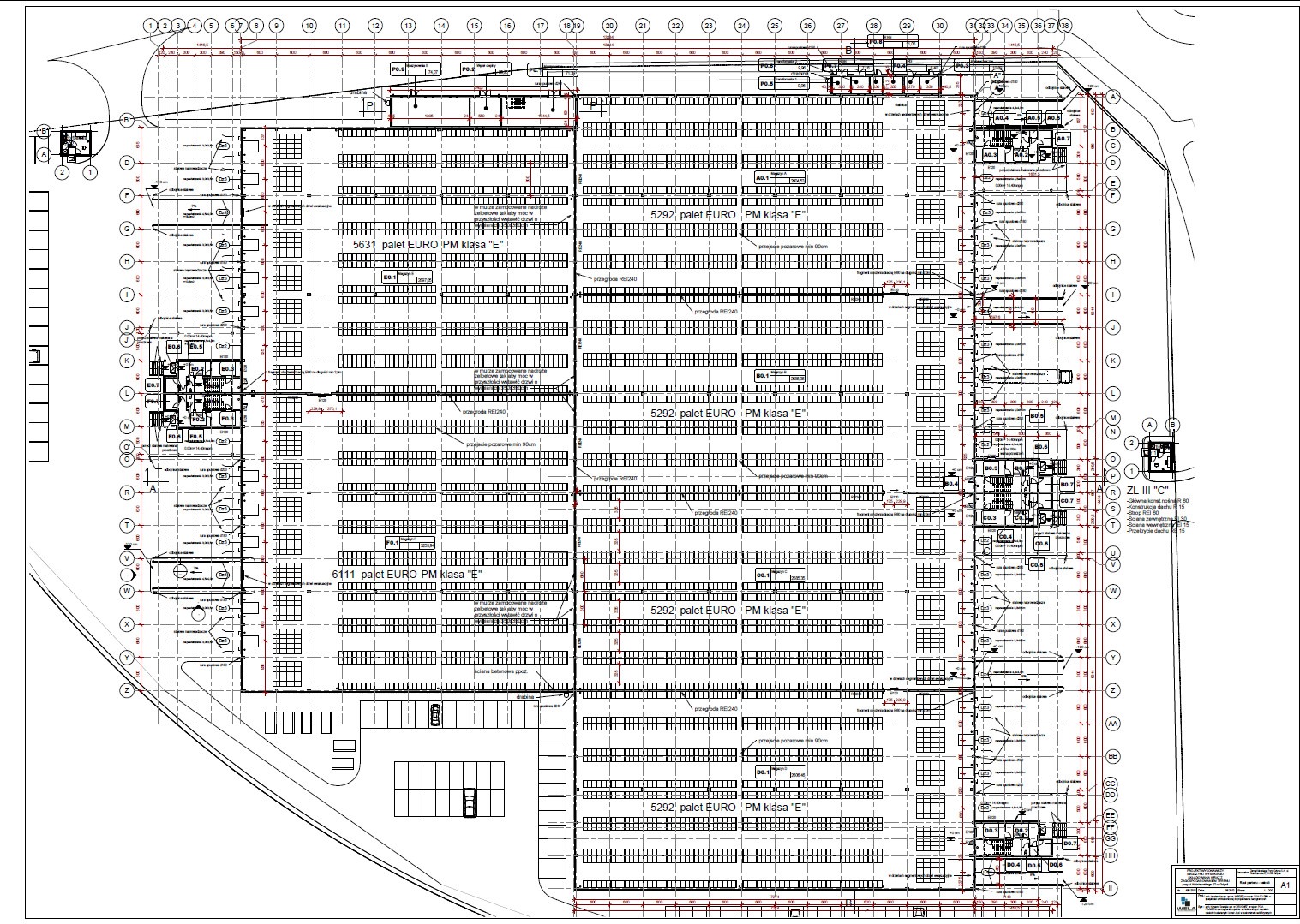 Plan magazynu wysokiego składowania z rozmieszczeniem palet EURO PM klasy E, detale techniczne i wymiary. Projekt magazynu w Gdyni przy ul. Wiśniewskiego 27.
