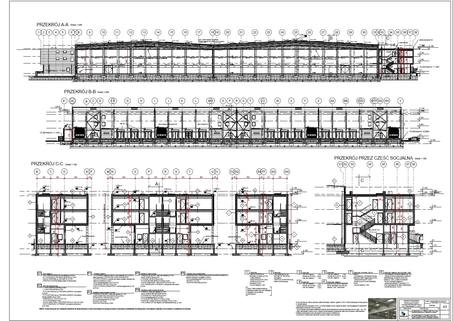 Rzut magazynu wysokiego składowania w porcie Gdynia. Przekroje A-A, B-B, C-C. Projekt architektoniczny konstrukcji stalowej z detalami i wymiarami.