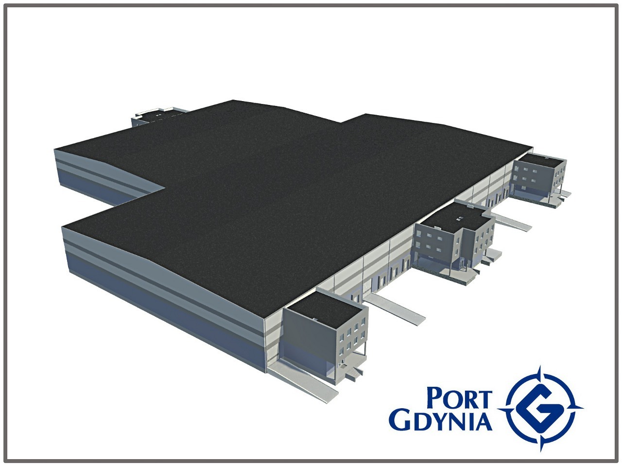 Wizualizacja 3D magazynu wysokiego składowania w porcie Gdynia, z rampami załadunkowymi i logo Port Gdynia w prawym dolnym rogu.