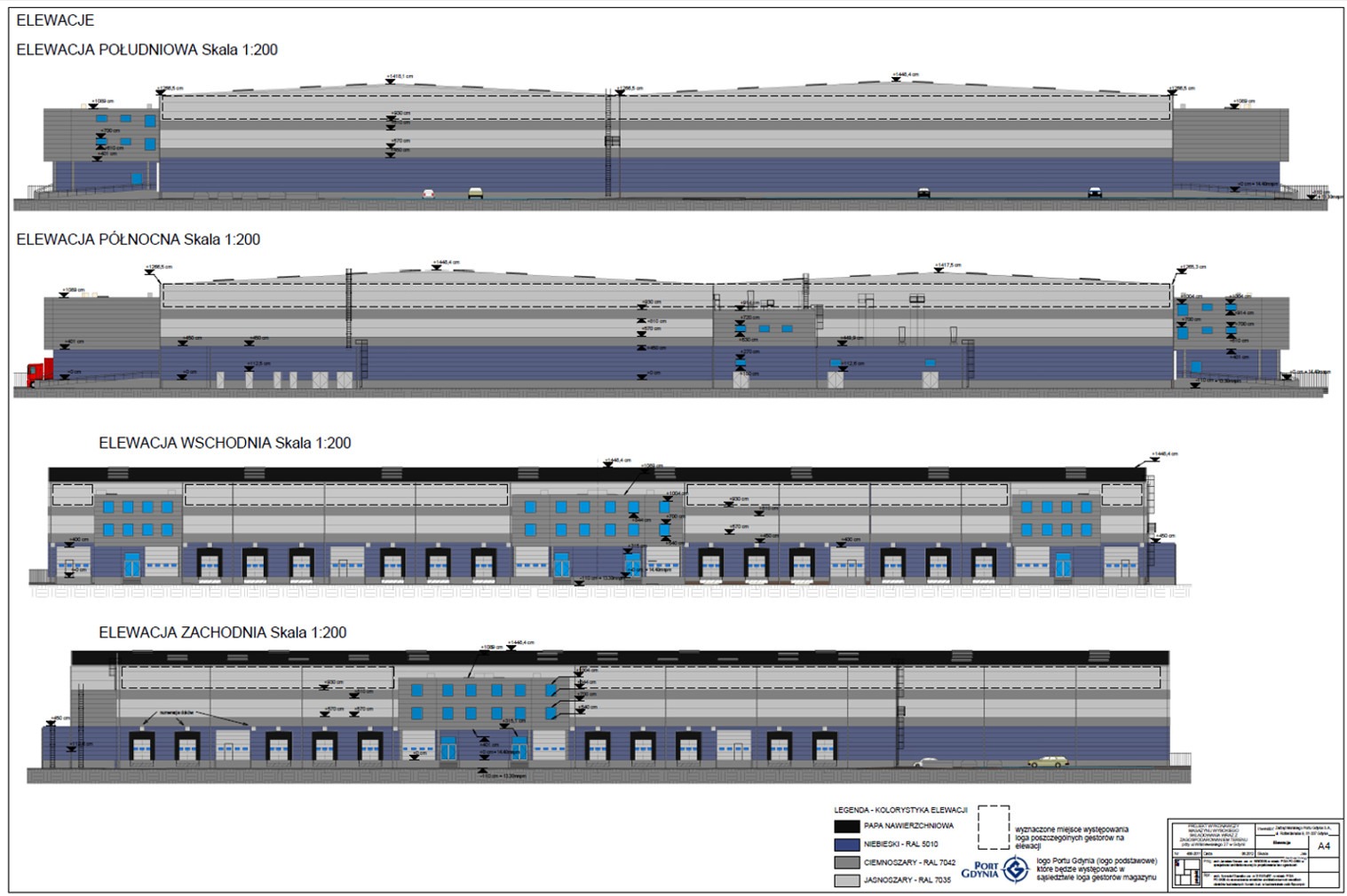 Projekt elewacji magazynu wysokiego składowania w porcie w Gdyni. Cztery widoki elewacji z legendą kolorystyki i oznaczeniami. Skala 1:200.
