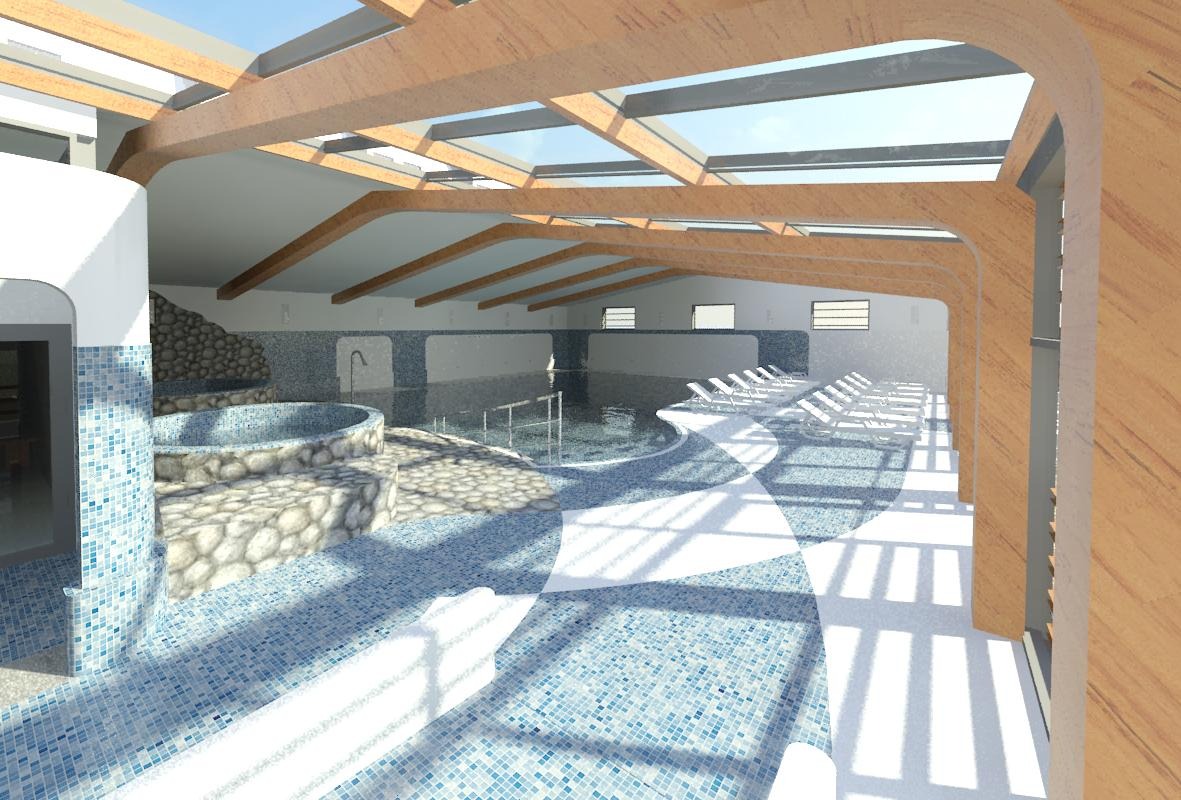 Wizualizacja wnętrza basenu hotelowego z jacuzzi, leżakami i drewnianą konstrukcją dachu z przeszkleniami. Jasna, przestronna przestrzeń z niebieską mozaiką.