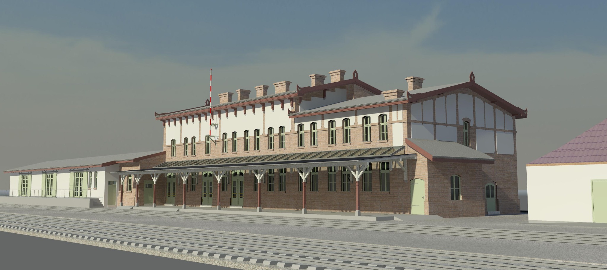 Wizualizacja 3D odnowionego dworca kolejowego w Kościerzynie. Jasna cegła, arkadowe okna, zadaszony peron. Semafory i tory kolejowe w otoczeniu.