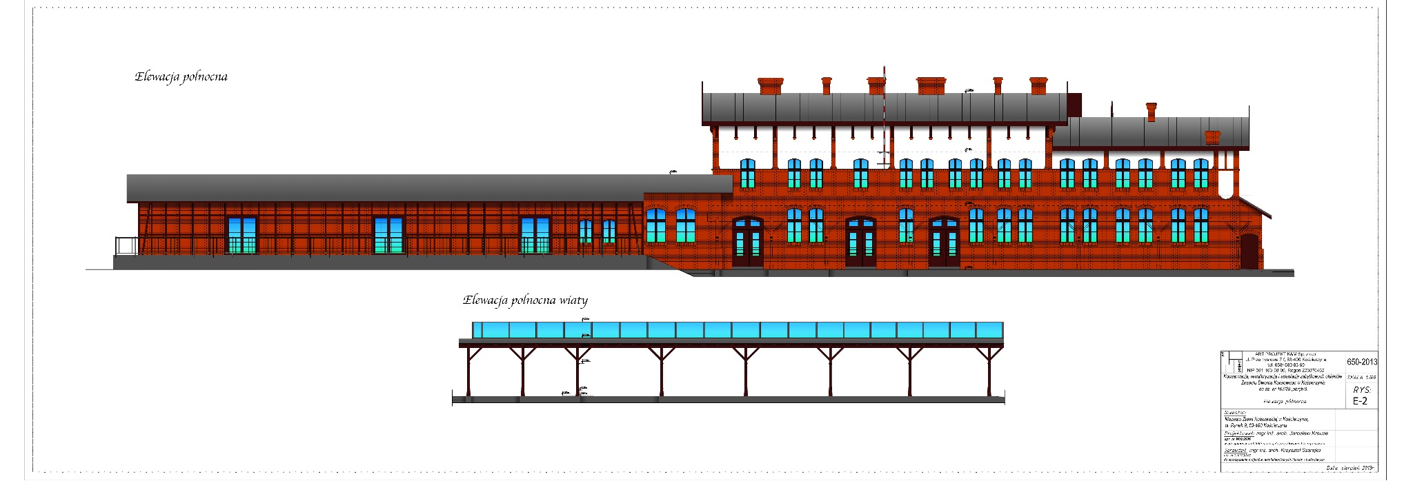 Rzut elewacji dworca kolejowego w Kościerzynie. Projekt renowacji z widokiem elewacji północnej i wiaty. Czerwona cegła, detale architektoniczne.