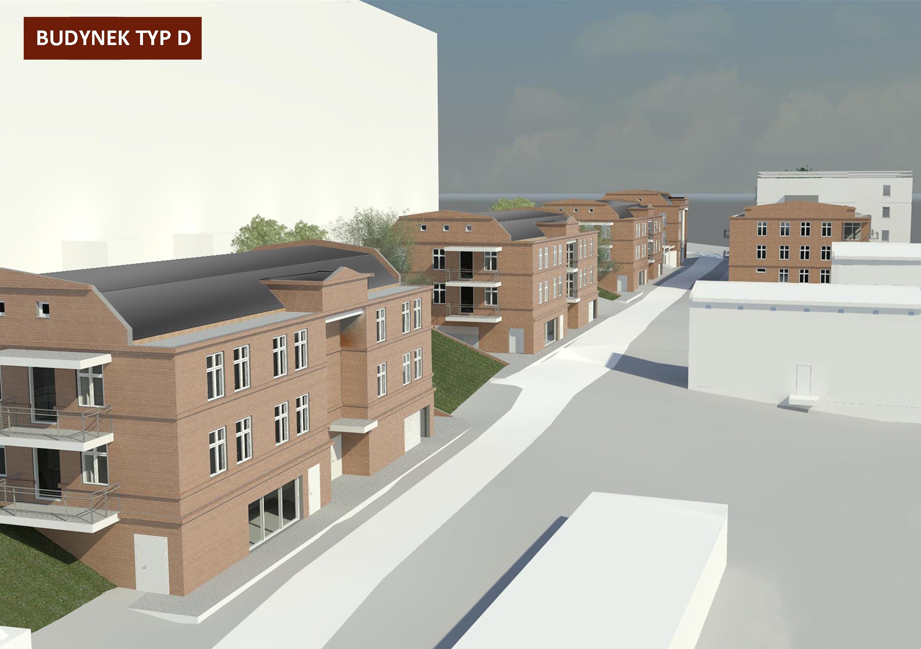 Wizualizacja zabudowy wielorodzinnej z budynkiem usługowym i budynkiem dla seniora w Gdańsku, prezentowana z perspektywy ulicy. Budynki z cegły z balkonami.