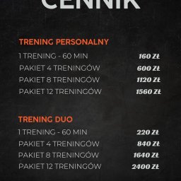 Bez Limitu studio treningowe - Cennik usług: trening personalny (indywidualny i w duecie), z wyszczególnionymi cenami za pojedyncze treningi i pakiety treningowe.