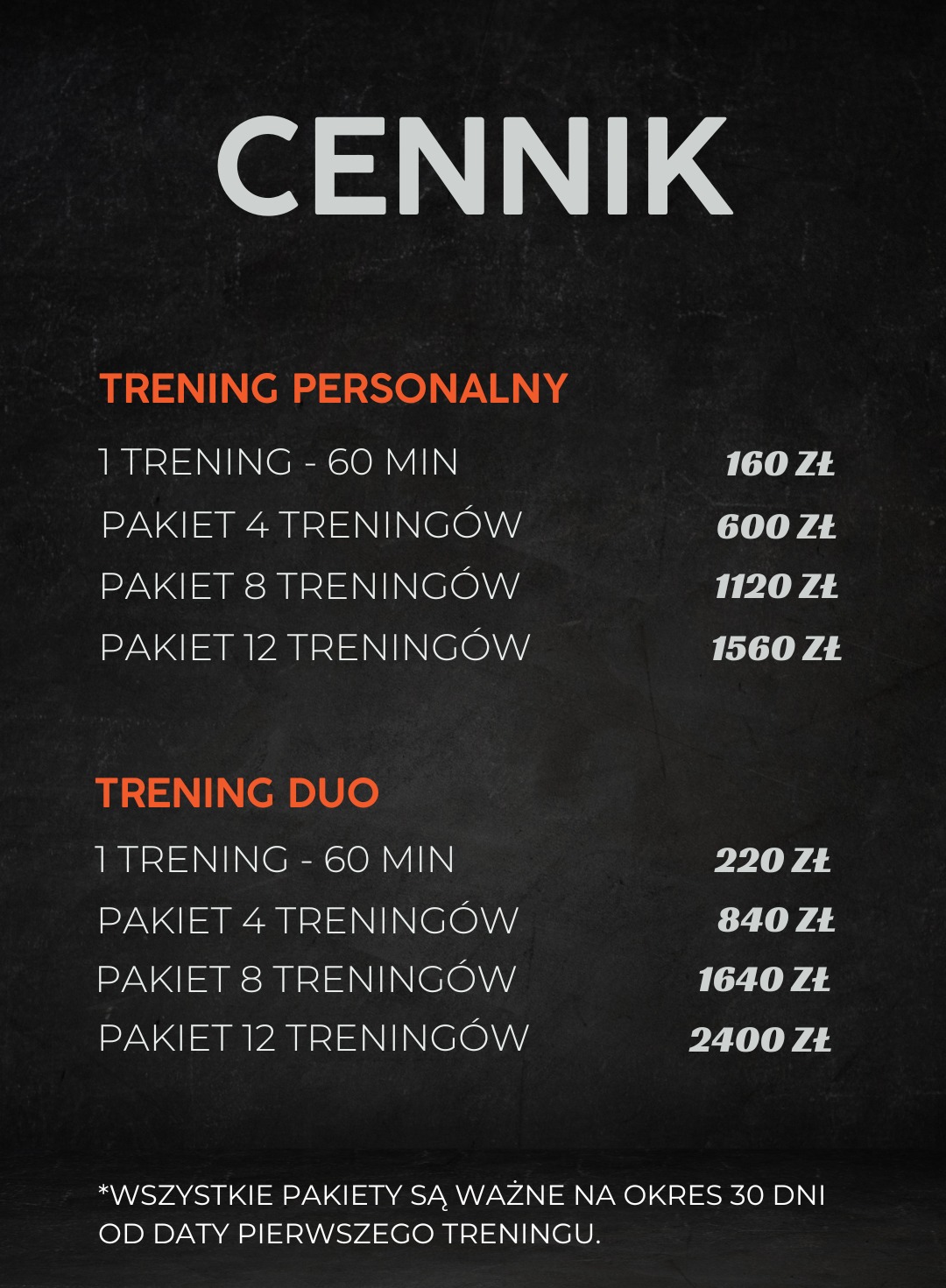 Cennik usług: trening personalny (indywidualny i w duecie), z wyszczególnionymi cenami za pojedyncze treningi i pakiety treningowe.