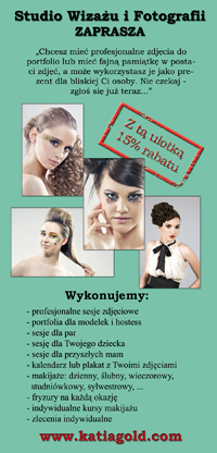 Ulotka reklamowa studia wizażu i fotografii w Warszawie, prezentująca przykładowe makijaże i fryzury oraz ofertę sesji zdjęciowych.