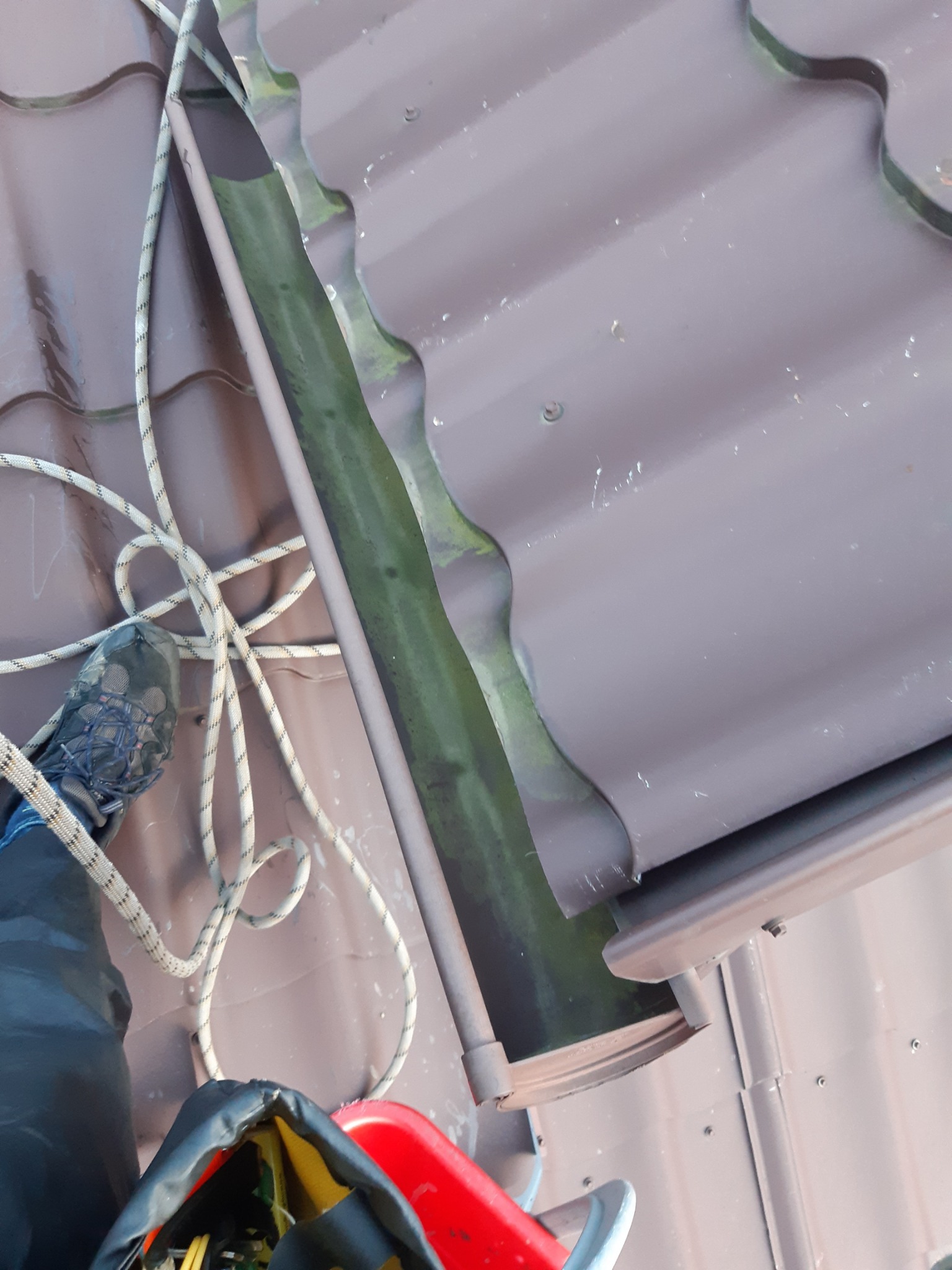 Z perspektywy pracownika: brudna rynna na dachu w Krakowie przed czyszczeniem, widoczna lina asekuracyjna i fragment buta. Rynna pokryta mchem i zabrudzeniami.