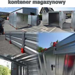 Zestaw modułowych kontenerów magazynowych z ocynkowanej blachy, niektóre z otwartymi drzwiami, ustawione na zewnątrz na kostce brukowej i asfalcie, z widocznymi elementami mocującymi w kolorze...