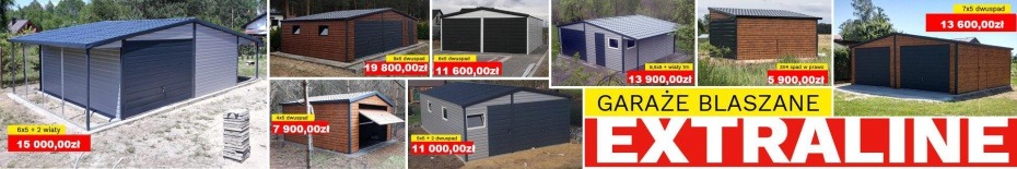 Kolaż zdjęć różnych garaży blaszanych z cennikami, prezentujący ofertę firmy EXTRALINE.