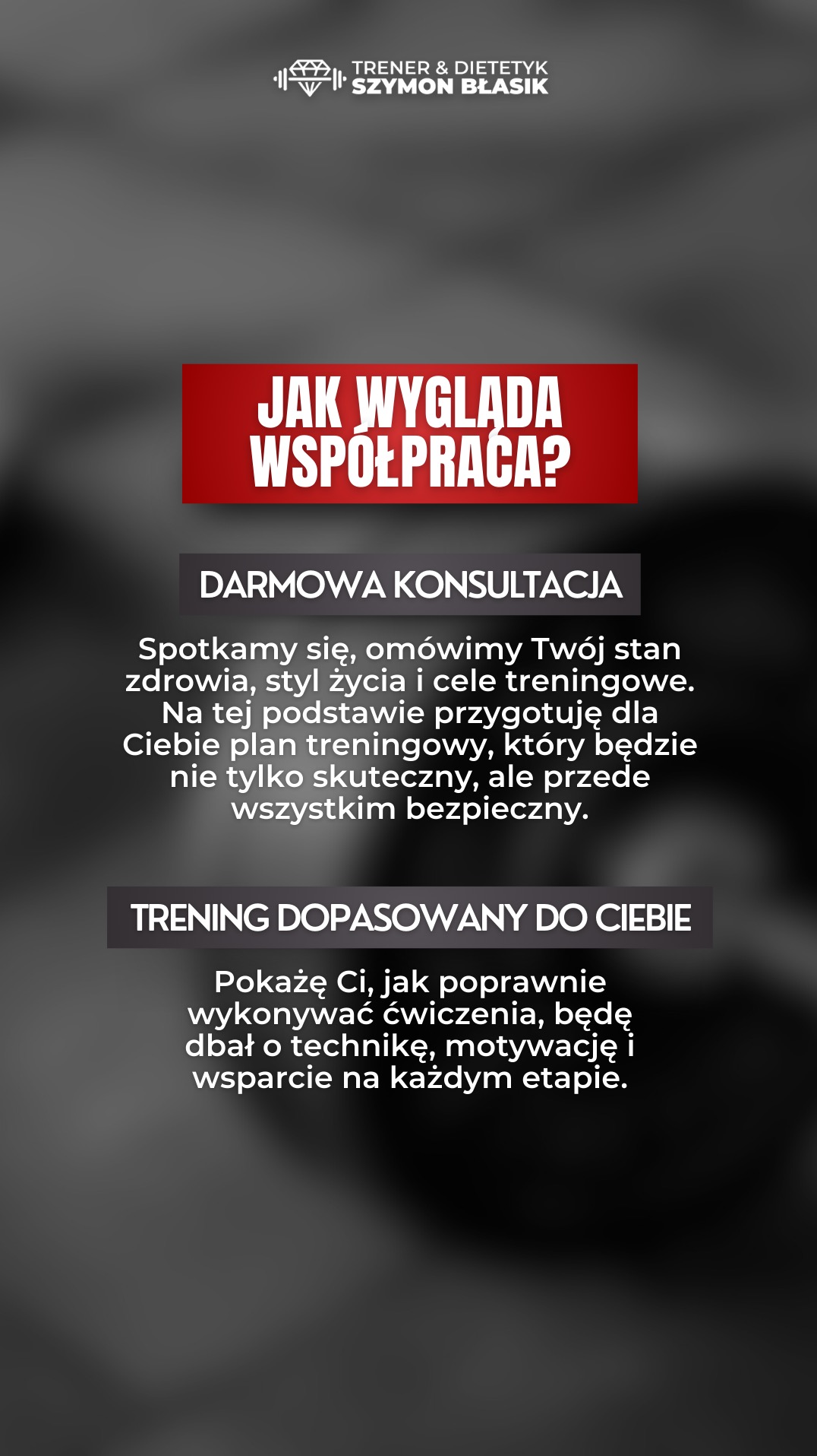 Grafika reklamowa z pytaniem 'Jak wygląda współpraca?' i informacjami o darmowej konsultacji oraz treningu dopasowanym do klienta, z logo 'Trener & Dietetyk Szymon Błasik' w górnej części.