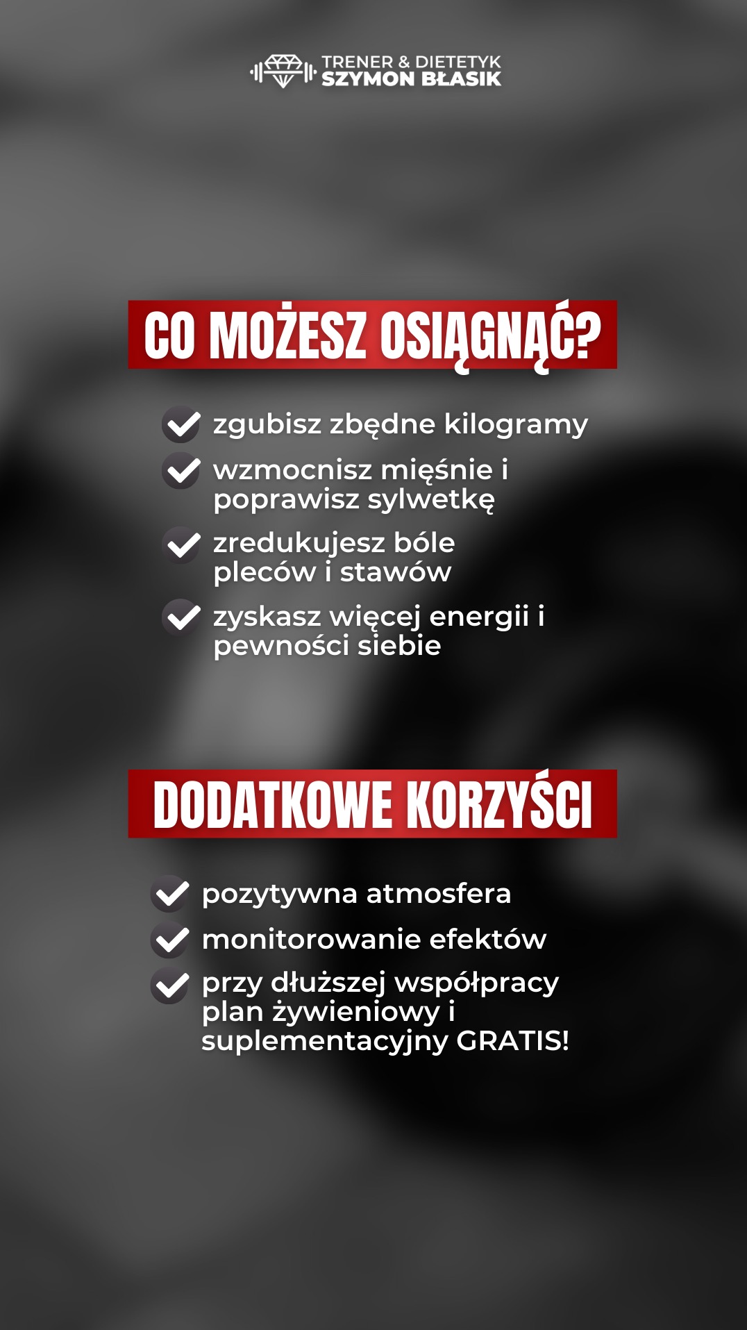 Grafika reklamowa z listą korzyści: utrata wagi, wzmocnienie mięśni, redukcja bólu, więcej energii, pozytywna atmosfera, monitorowanie efektów, plan żywieniowy i suplementacyjny gratis.