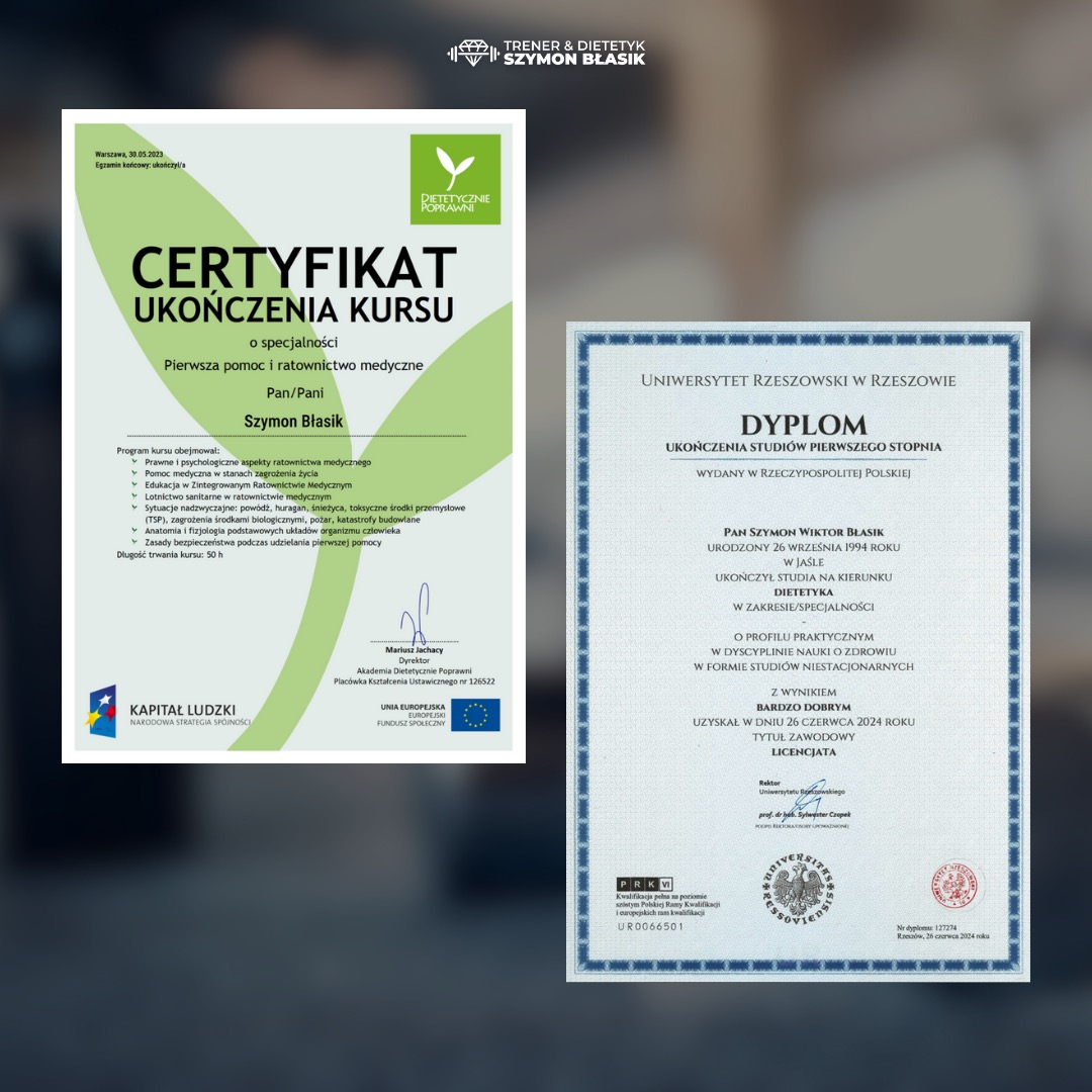 Certyfikat ukończenia kursu pierwszej pomocy i ratownictwa medycznego oraz dyplom ukończenia studiów pierwszego stopnia na kierunku dietetyka, oba dokumenty należące do Szymona Błasika.