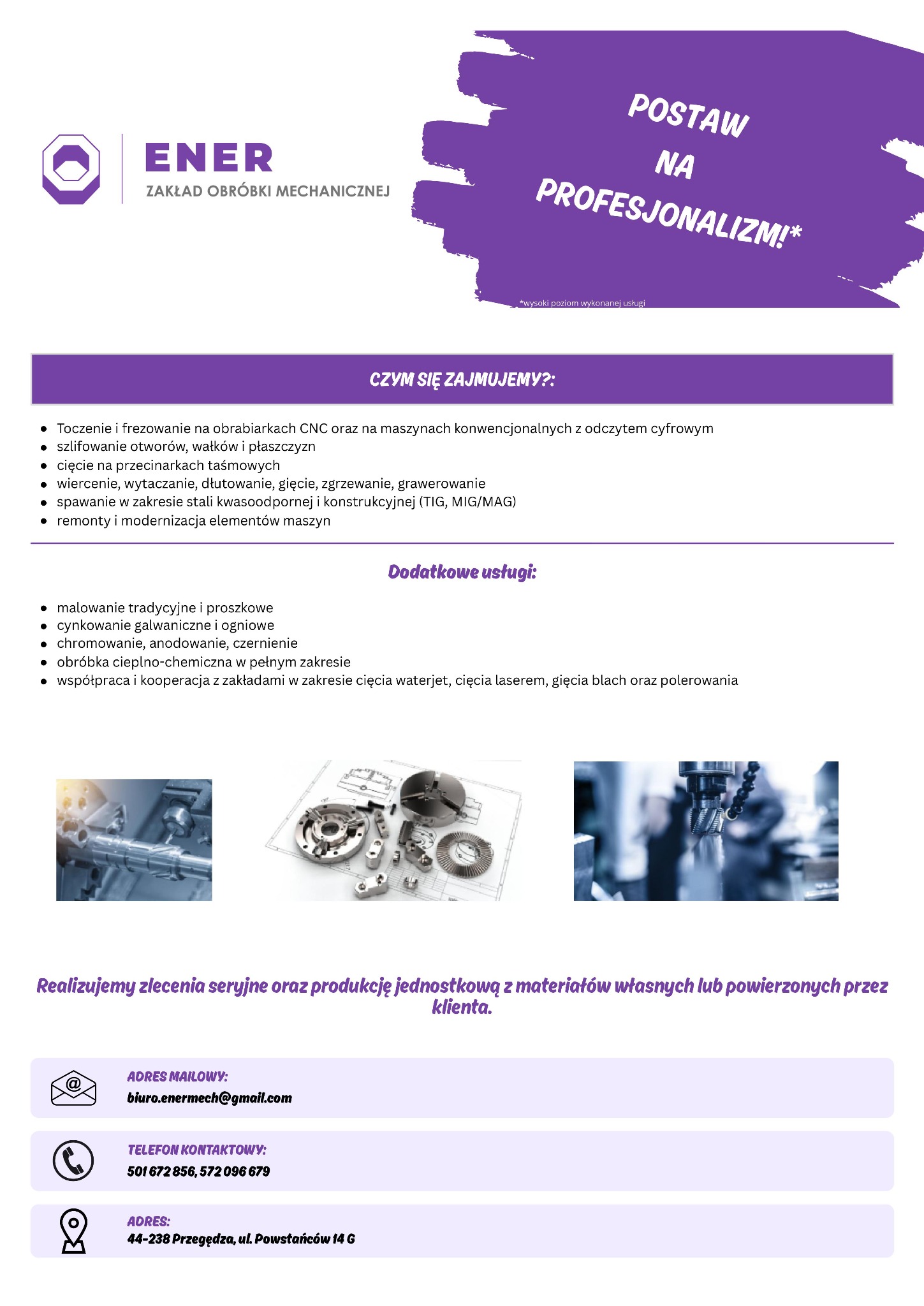 Folder reklamowy firmy ENER Zakład Obróbki Mechanicznej, prezentujący zakres usług: toczenie, frezowanie CNC, szlifowanie, cięcie, wiercenie, spawanie stali kwasoodpornej, remonty. Dodatkowo...