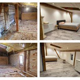 Prace Wykończeniowe - Cztery kadry z remontu poddasza: ocieplenie wełną mineralną, surowa cegła i wykończone wnętrze z drewnianymi belkami, łóżkiem i komodą. Widok przed i po.