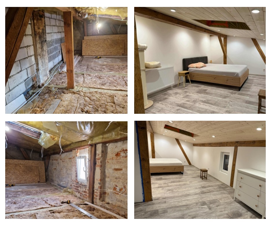 Cztery kadry z remontu poddasza: ocieplenie wełną mineralną, surowa cegła i wykończone wnętrze z drewnianymi belkami, łóżkiem i komodą. Widok przed i po.