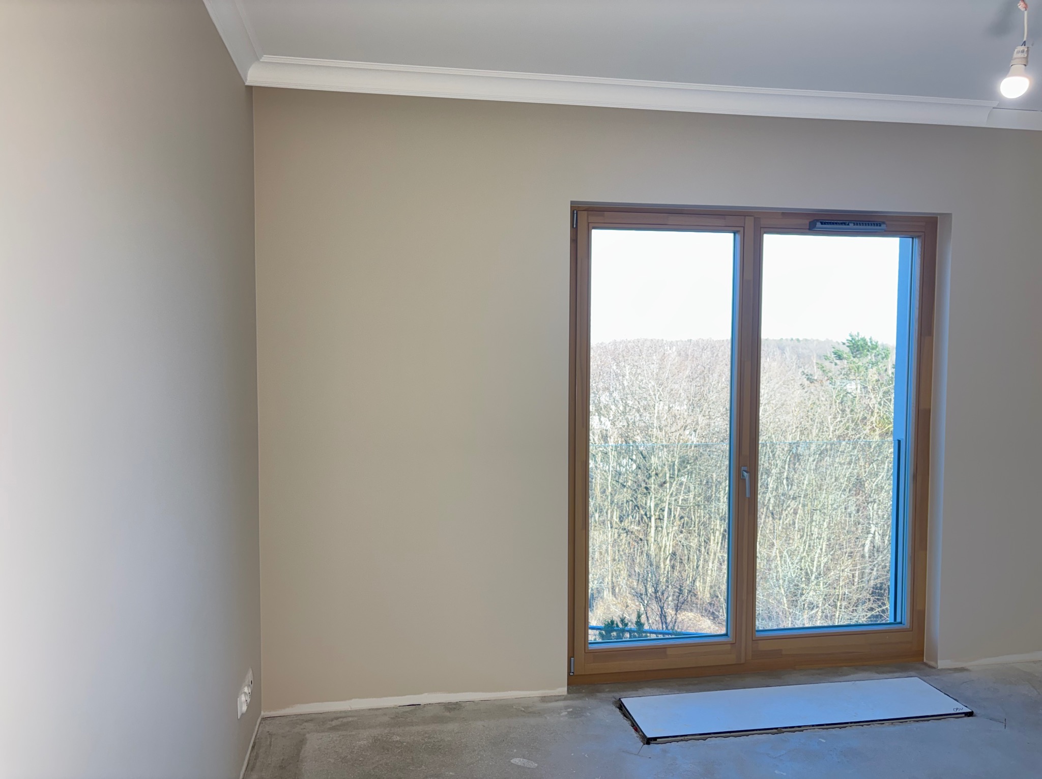 Jasne wnętrze po remoncie z drewnianą ramą okienną i listwą sufitową. Ściany pomalowane na beżowo, surowa podłoga. Widok na zewnątrz przez okno.