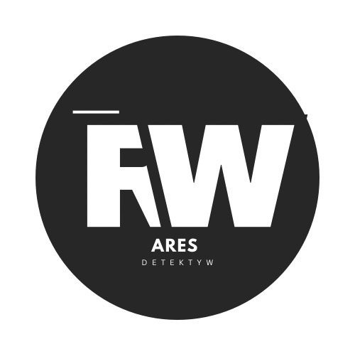 Logo detektywa ARES z inicjałami RW na czarnym tle w okręgu. Minimalistyczny design z poziomą linią nad inicjałami. Sygnet firmy detektywistycznej.