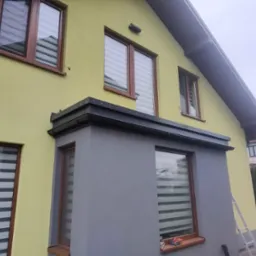 Elewacja domu z oknami z brązowymi ramami i roletami dzień-noc, fragment dachu z czarnymi obróbkami blacharskimi, ściana w dwóch odcieniach: żółtym i szarym, drabina oparta o ścianę.