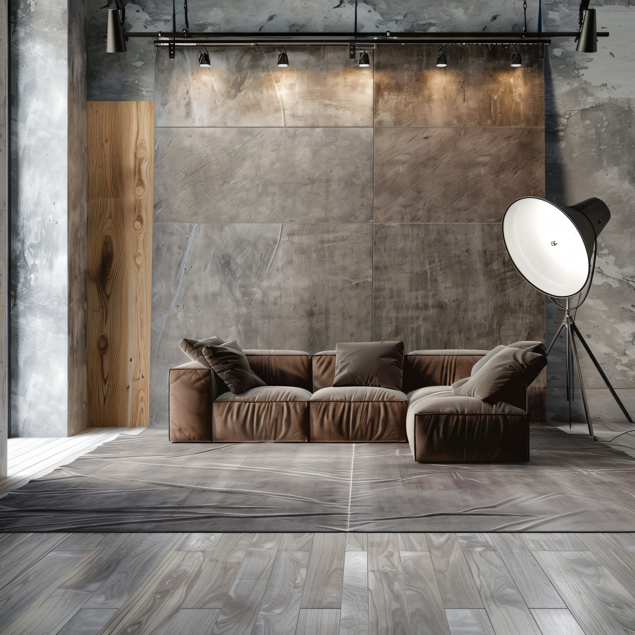 Loftowe wnętrze z brązową, modułową sofą, betonową ścianą, drewnianym panelem i lampą studyjną na trójnogu.