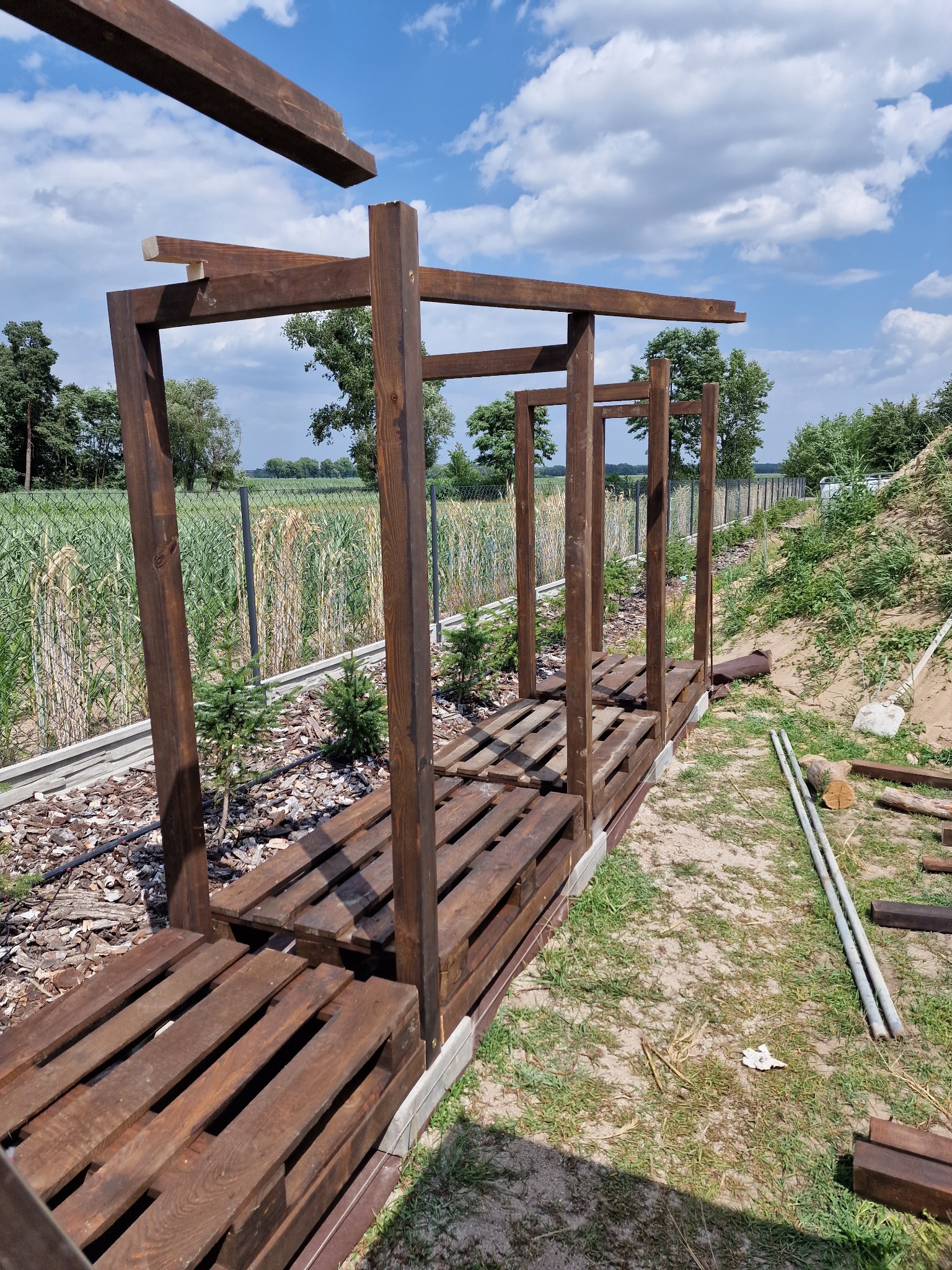 Drewniana konstrukcja pergoli w trakcie budowy, widoczne słupy, podstawa z palet, w tle pole uprawne i błękitne niebo z chmurami.