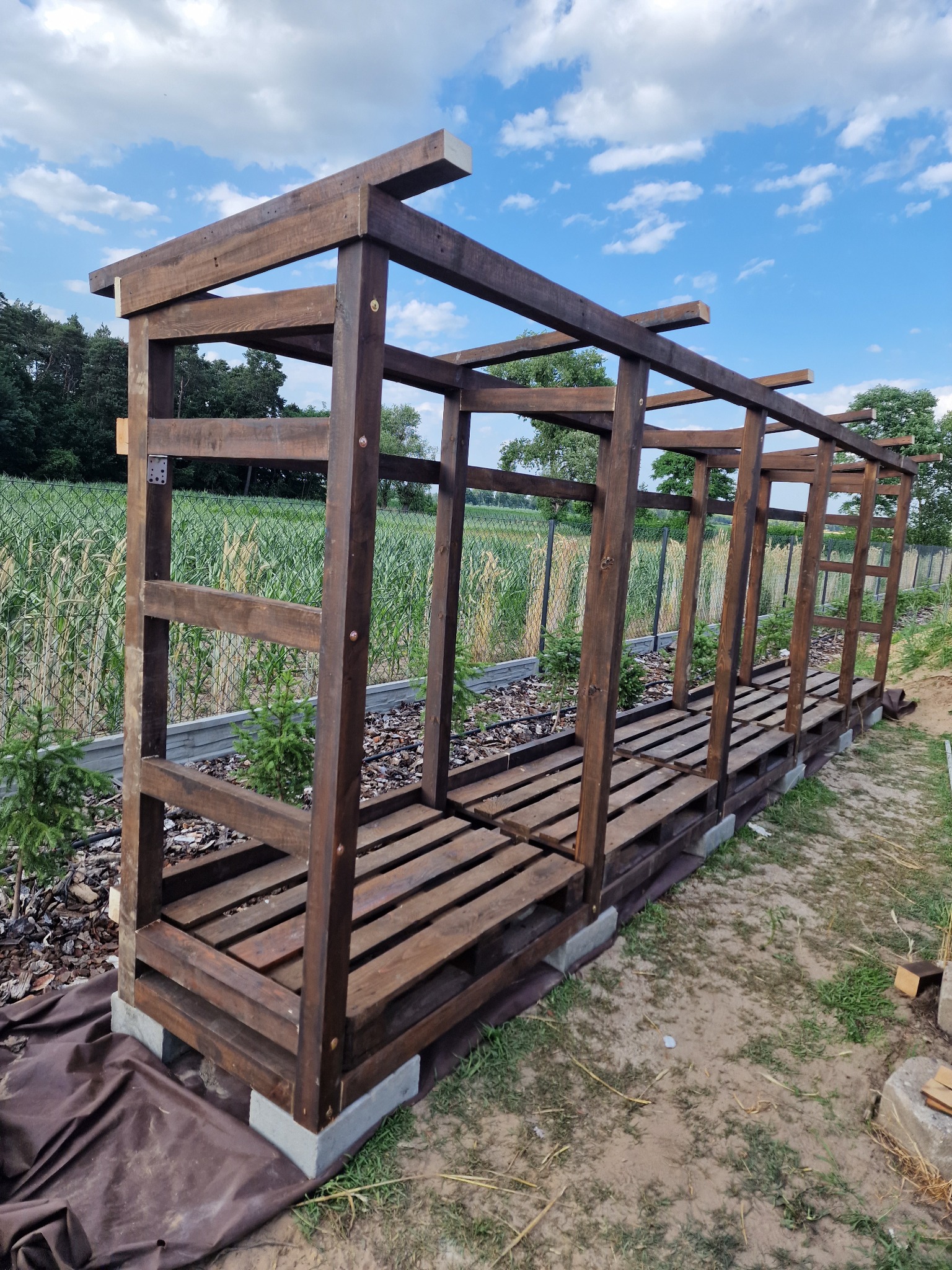 Konstrukcja z ciemnego drewna na betonowych bloczkach, prawdopodobnie wiata lub pergola w ogrodzie, z widocznym tłem pola i nieba.