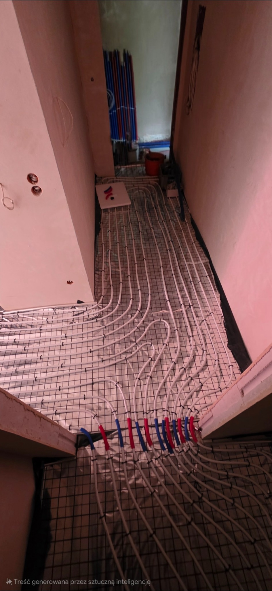 Układanie białych rur ogrzewania podłogowego na siatce montażowej, widoczne niebieskie i czerwone oznaczenia. W tle pionowo ułożone rury instalacyjne.