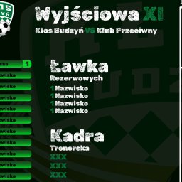 Studio Reklamowe GOAT JULIAN WIERZBIŃSKI - Grafika przedstawiająca skład wyjściowy i ławkę rezerwowych drużyny piłkarskiej Kłos Budzyń na tle grafiki z logiem klubu, z miejscami na wpisanie nazwisk zawodników i sztabu trenerskiego.