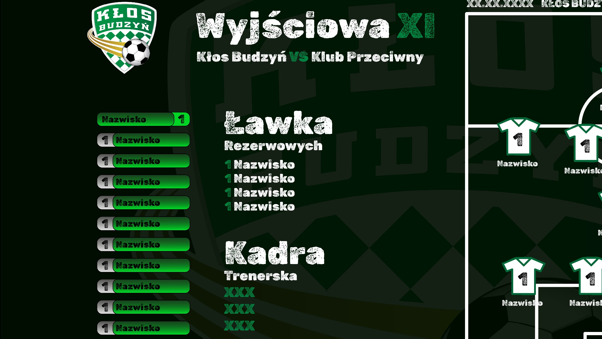 Grafika przedstawiająca skład wyjściowy i ławkę rezerwowych drużyny piłkarskiej Kłos Budzyń na tle grafiki z logiem klubu, z miejscami na wpisanie nazwisk zawodników i sztabu trenerskiego.