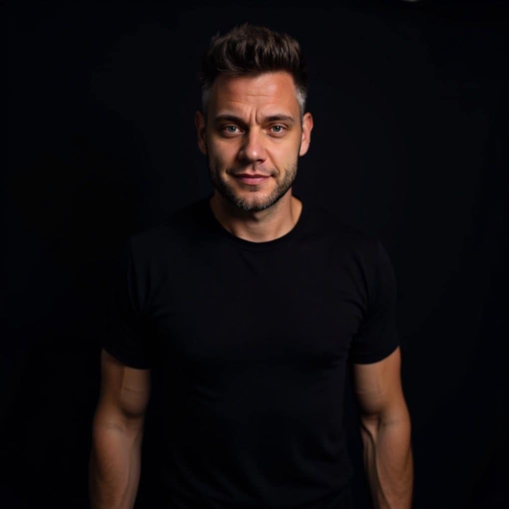 Portret uśmiechniętego mężczyzny w czarnej koszulce na ciemnym tle, widoczne umięśnione ramiona.