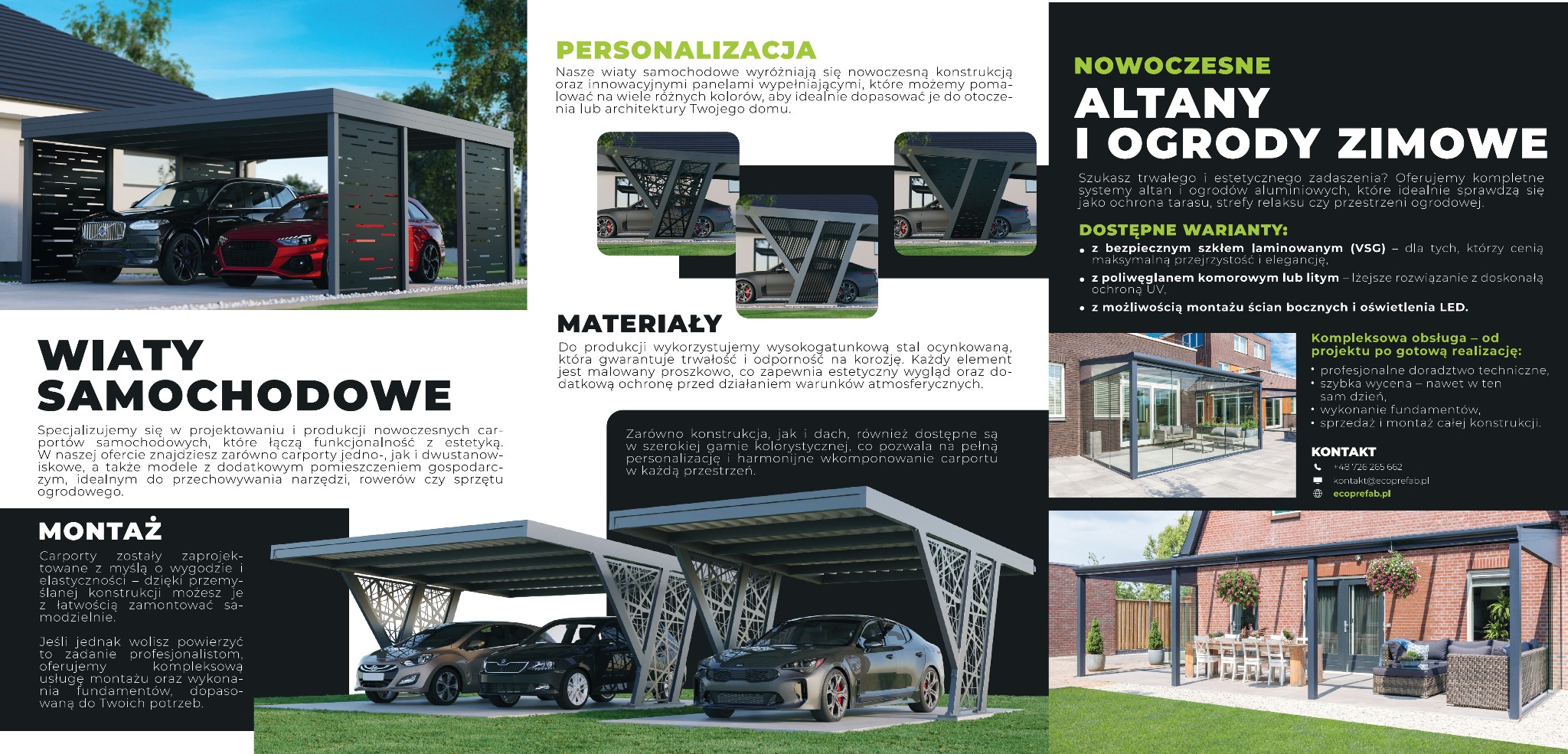 Nowoczesna wiata samochodowa z metalową konstrukcją i ażurowymi panelami bocznymi, pod którą zaparkowane są dwa samochody. Estetyczne i funkcjonalne rozwiązanie.