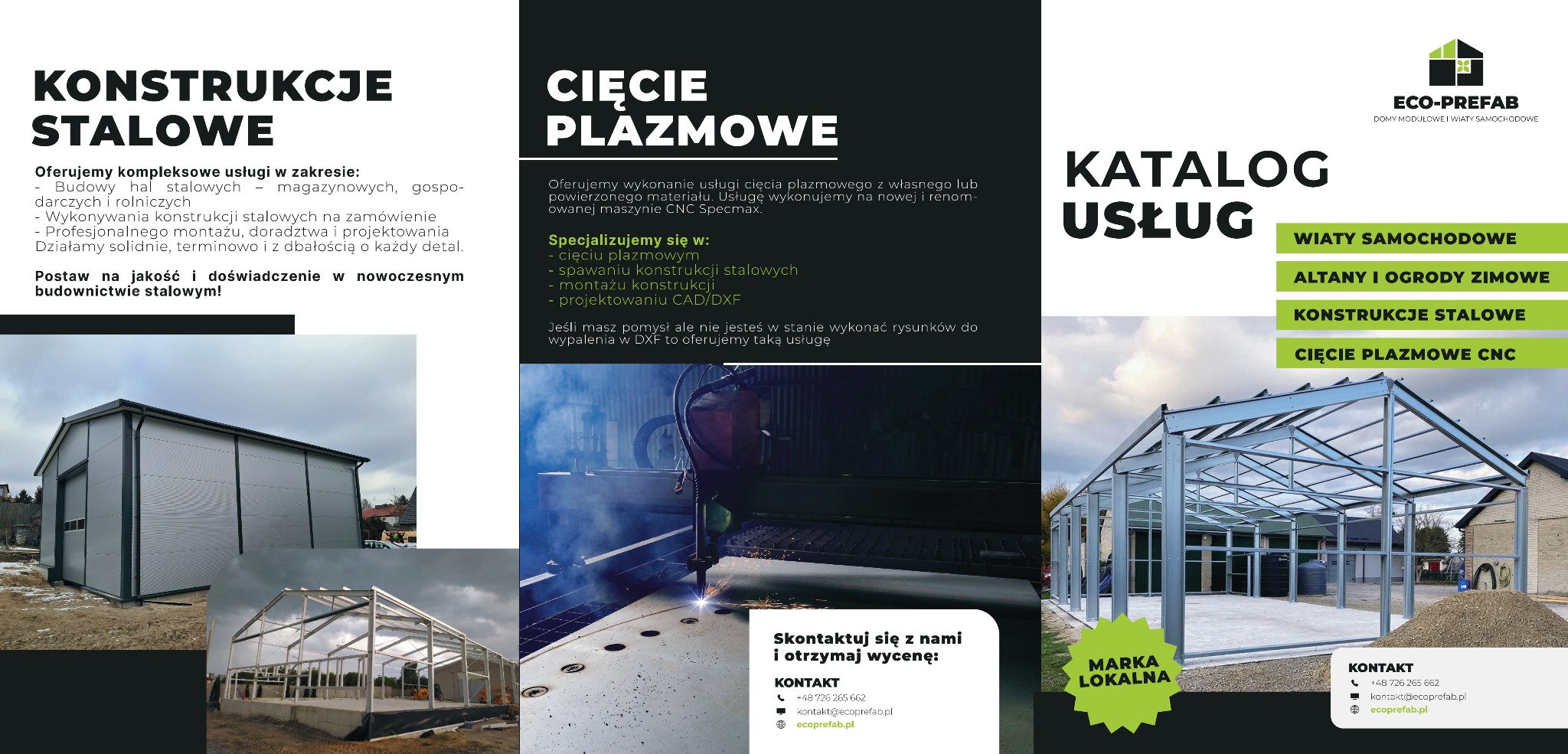 Katalog usług firmy Eco-Prefab: konstrukcje stalowe, cięcie plazmowe CNC, altany i ogrody zimowe, wiaty samochodowe. Hala stalowa w budowie i gotowy garaż blaszany.