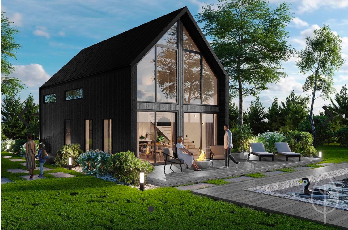 Wizualizacja nowoczesnego domu z czarną elewacją, dużymi przeszkleniami i tarasem z paleniskiem oraz basenem z pływającą kaczką, otoczonego zielenią.