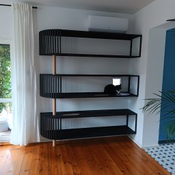 Dwa Fronty - Czarno-drewniany regał na książki i akcesoria dla kota z otworem i przejściem dla zwierząt, na półce siedzi czarno-biały kot.