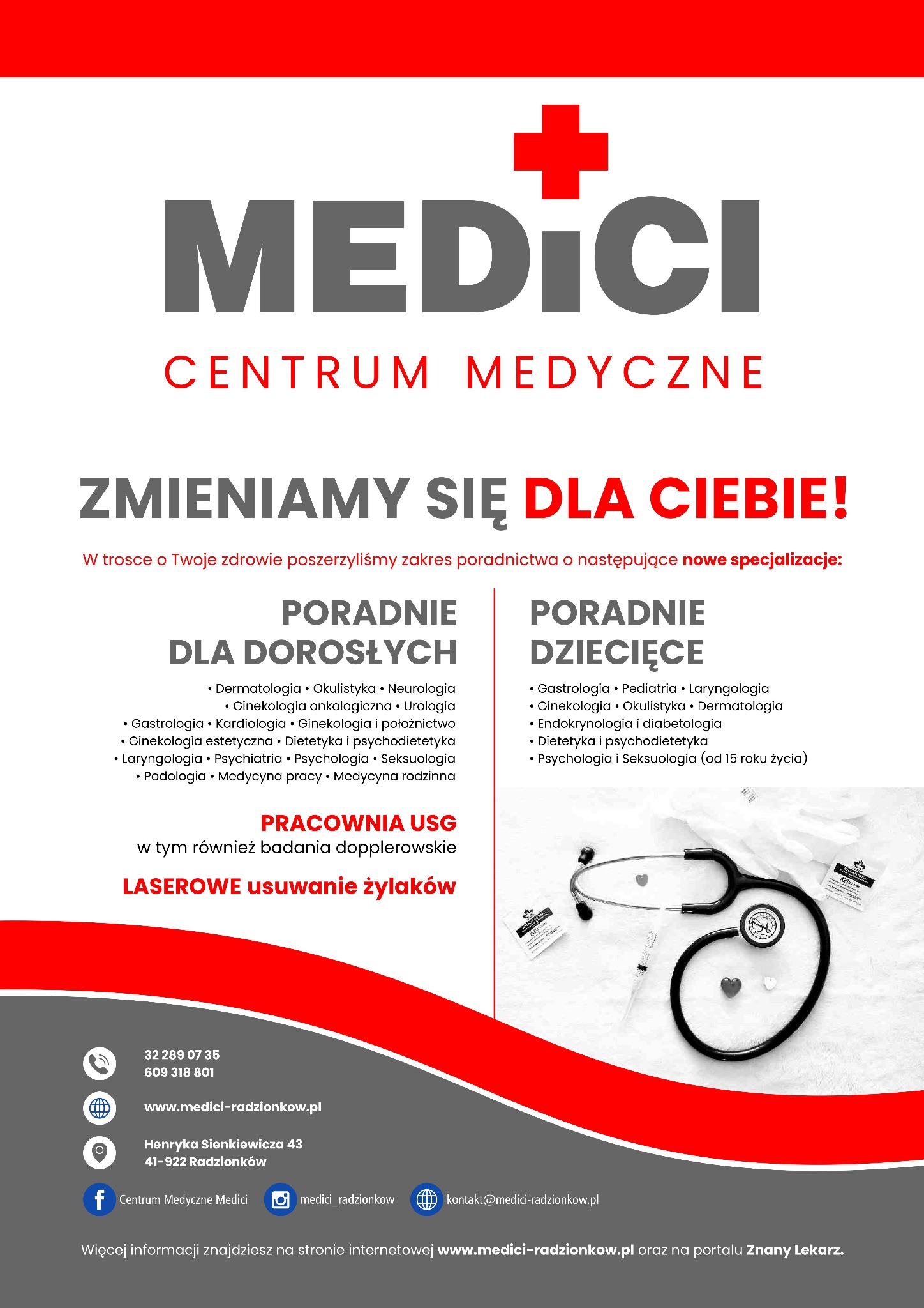 Ogłoszenie centrum medycznego Medici w Radzionkowie informujące o rozszerzeniu zakresu poradnictwa dla dorosłych i dzieci, z wyszczególnieniem specjalizacji oraz informacją o pracowni USG...