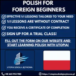 Grafika z ofertą kursów języka polskiego dla obcokrajowców: lekcje 1:1, certyfikat ukończenia, zaproszenie na lekcję próbną. Logo szkoły i flaga Polski.