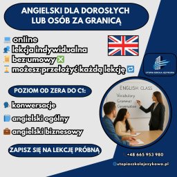 UTOPIA SZKOŁA JĘZYKOWA SP. Z O.O. - Lekcja angielskiego: kobieta tłumaczy słownictwo na tablicy parze uczniów. Oferta szkoły językowej z informacjami o kursach, poziomach i zapisach na lekcję próbną.