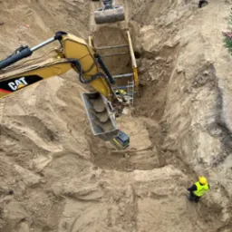 Głęboki wykop z zabezpieczeniami ścian, dwie koparki CAT pracują wewnątrz, a pracownik w żółtej kamizelce mierzy teren w rogu wykopu. W tle widoczne rury.