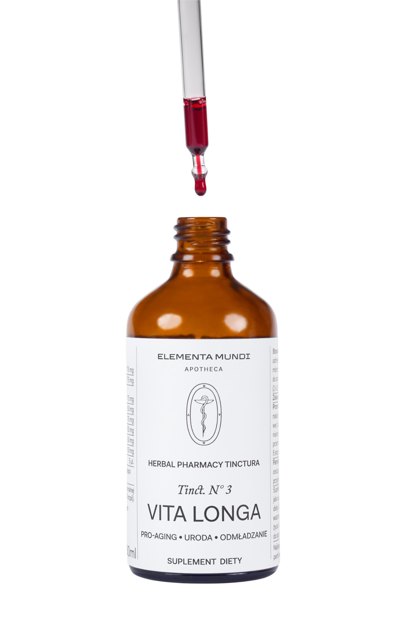 Zdjęcie produktowe: brązowa butelka Elementa Mundi z pipetą, z której kapie czerwony płyn. Prezentacja suplementu diety Vita Longa w aptecznym stylu.